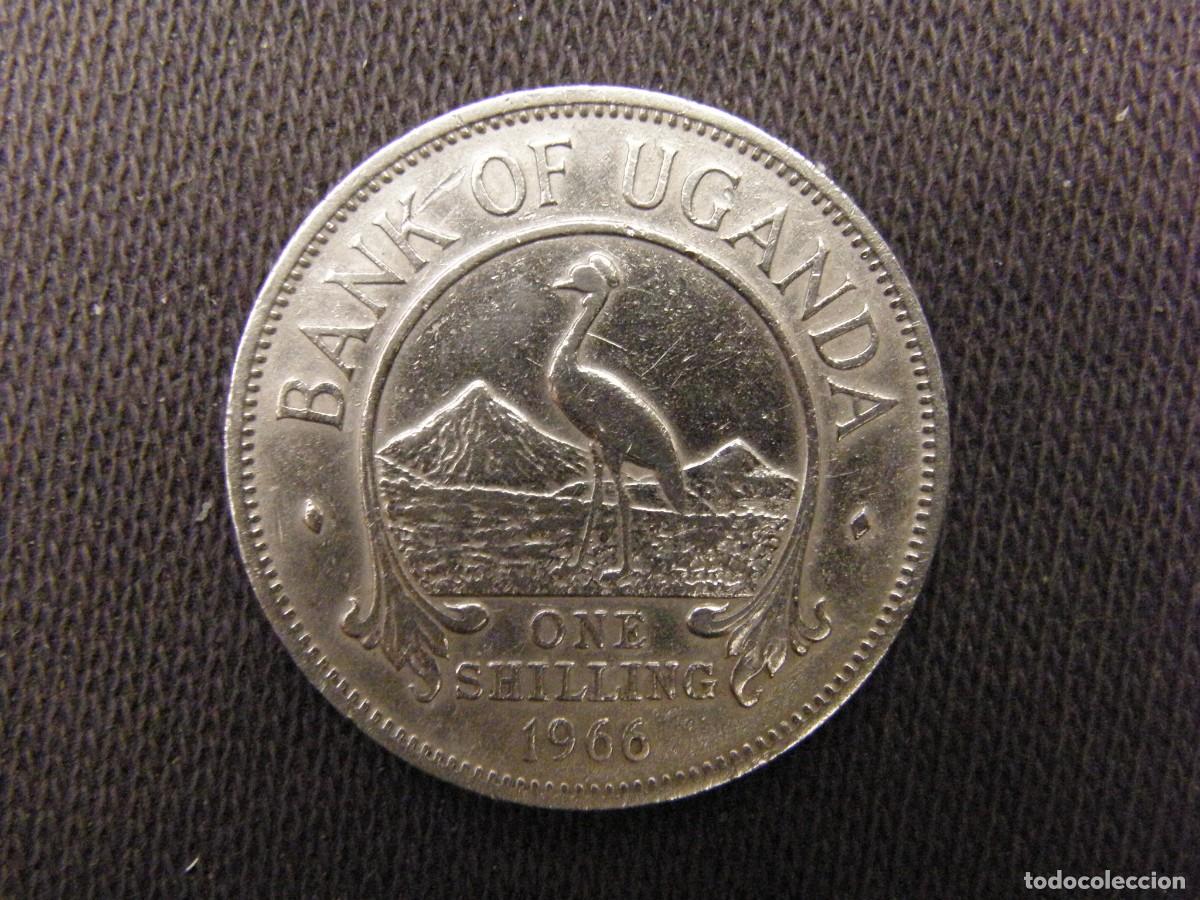 Monedas antiguas de &Aacute;frica: Moneda de One Shilling de Uganda 1966: S&iacute;mbolo de fauna y her&aacute;ldica nacional