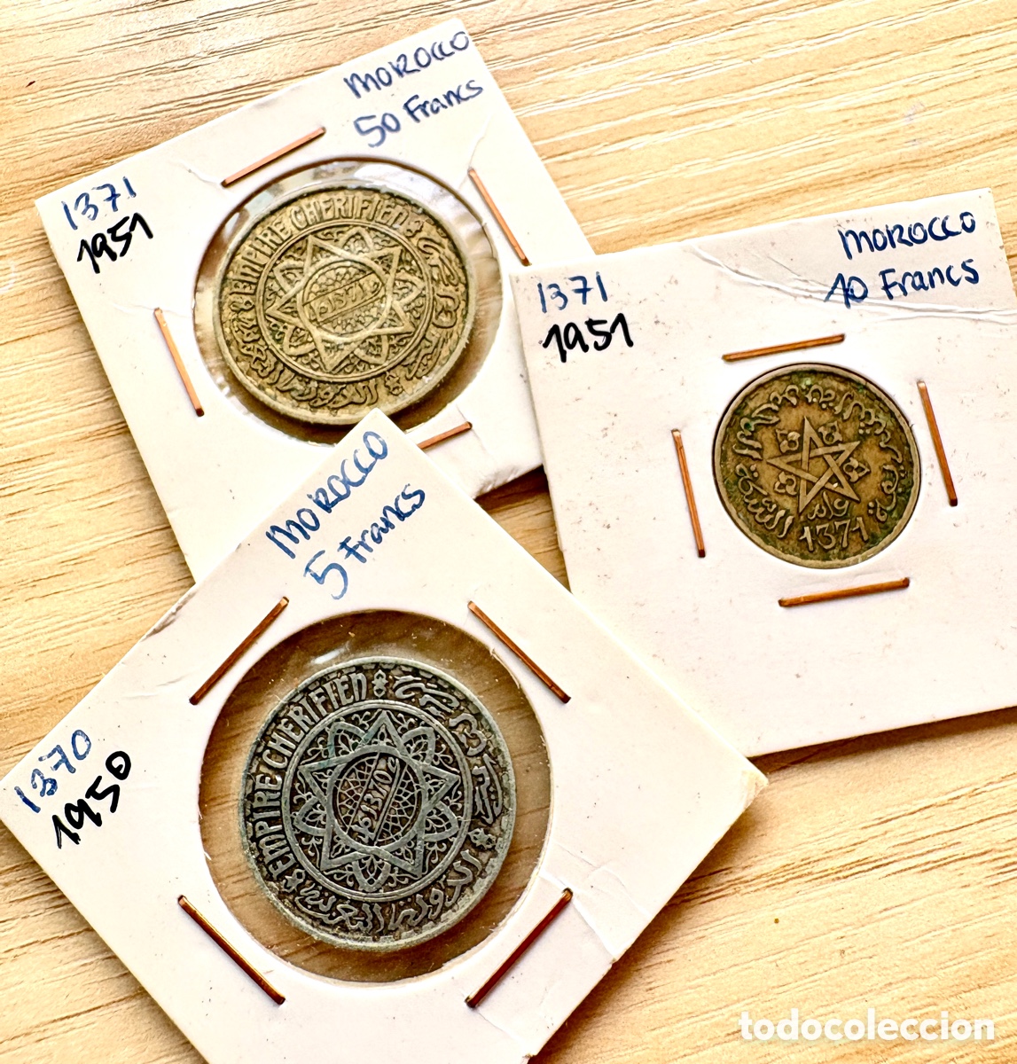 Monedas antiguas de &Aacute;frica: Lote de 3 monedas del protectorado de Marruecos (1370-1371)