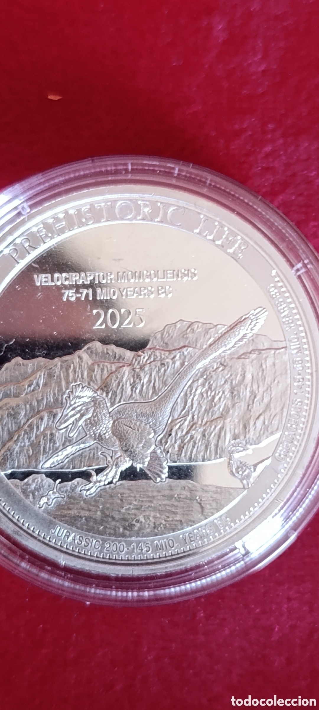 Monedas antiguas de &Aacute;frica: Moneda de plata 1 oz &rdquo;Prehistoric Life &ndash; Velociraptor Mongoliensis&rdquo; Congo 2025 &middot; Proof/BU &rdquo;Velocir