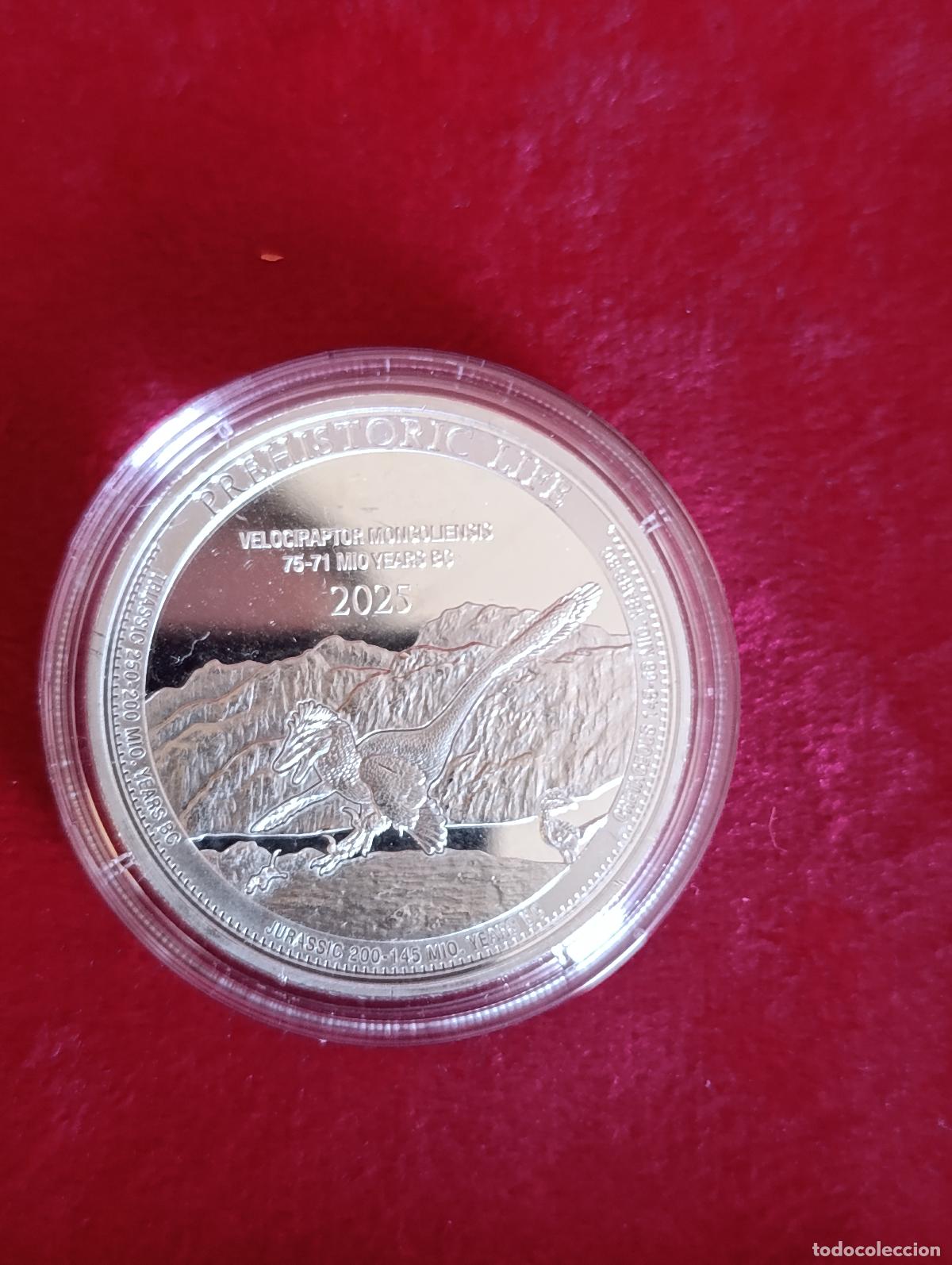 Monedas antiguas de &Aacute;frica: Moneda de plata 1 oz &rdquo;Prehistoric Life &ndash; Velociraptor Mongoliensis&rdquo; Congo 2025 &middot; Proof/BU &rdquo;lote 5&rdquo;.