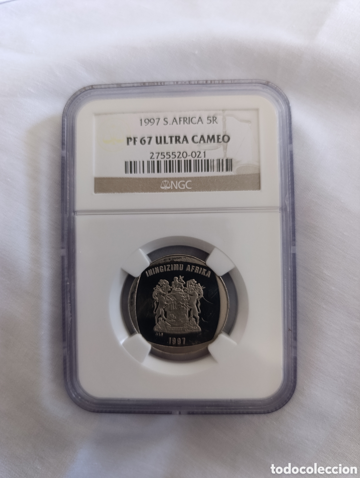 Monedas antiguas de &Aacute;frica: 5 Rand 1997 Sud&aacute;frica - NGC PF67 Ultra Cameo - Prueba de M&aacute;xima Calidad Certificada