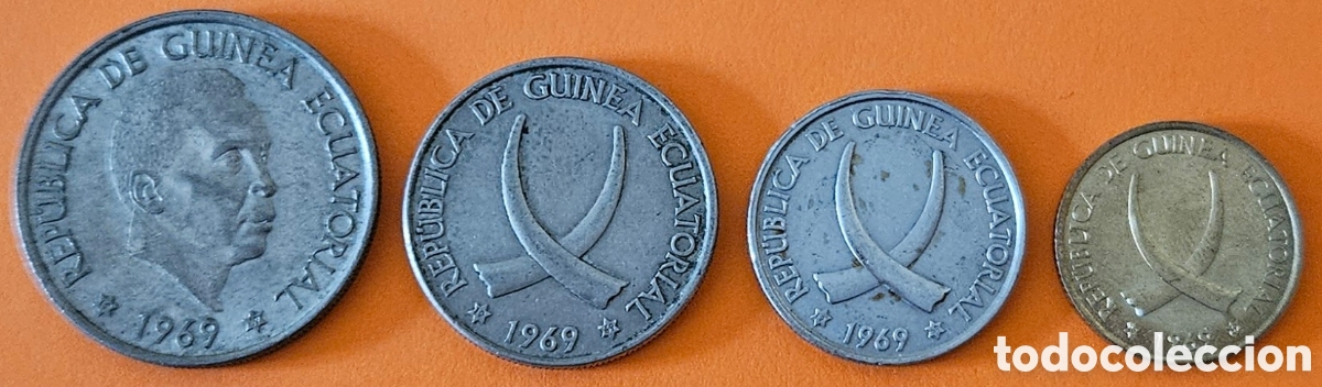 Monedas antiguas de &Aacute;frica: SERIE 4 MONEDAS, GUINEA ECUATORIAL,1, 5, 25 Y 50 PESETAS GUINEANAS, 1969.