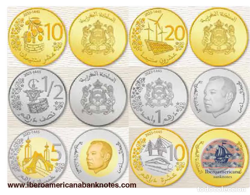 Monedas antiguas de &Aacute;frica: Marruecos Set 6 monedas 10 20 C&eacute;ntimos 1/2 1 5 10 Dirhams 2023 Nuevo Sc Unc