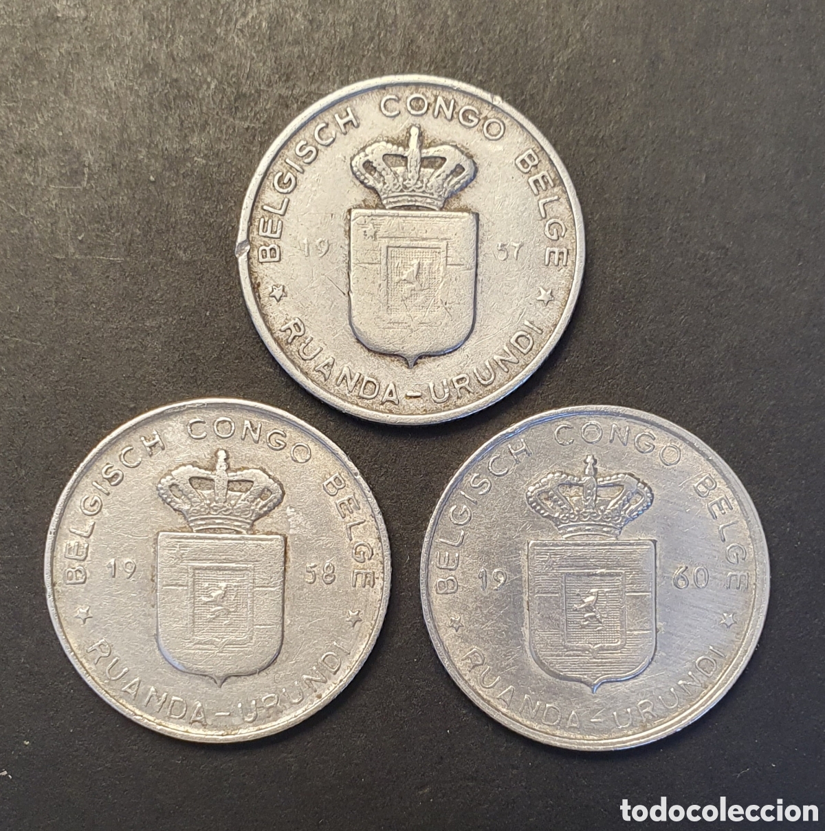 Monedas antiguas de &Aacute;frica: CONGO BELGA 3 FRANCOS 1957, 1958, 1960