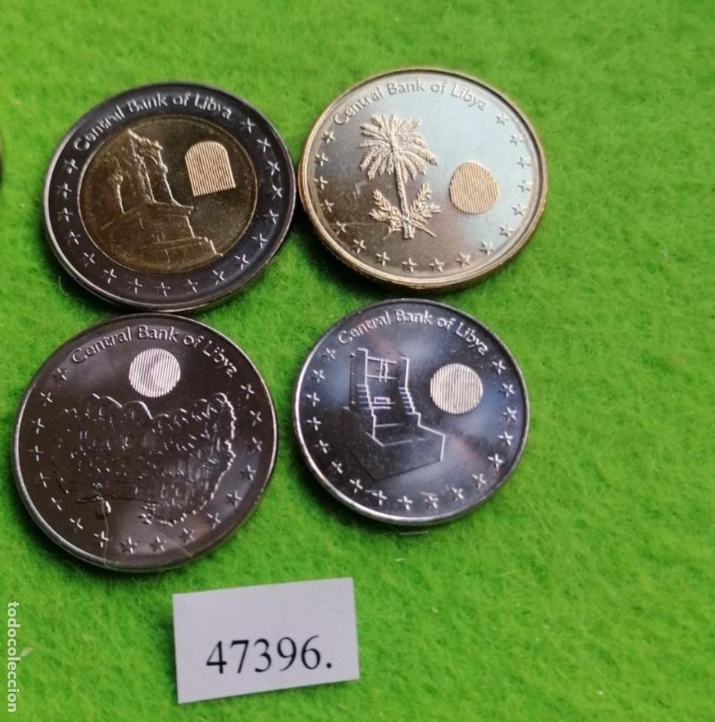 Monedas antiguas de &Aacute;frica: Libia, 50, 100 dirhams, 1/4 y 1/2 dinar 1435/2014, bimet&aacute;lica una, Libya, lote 4 monedas, 47396 MO