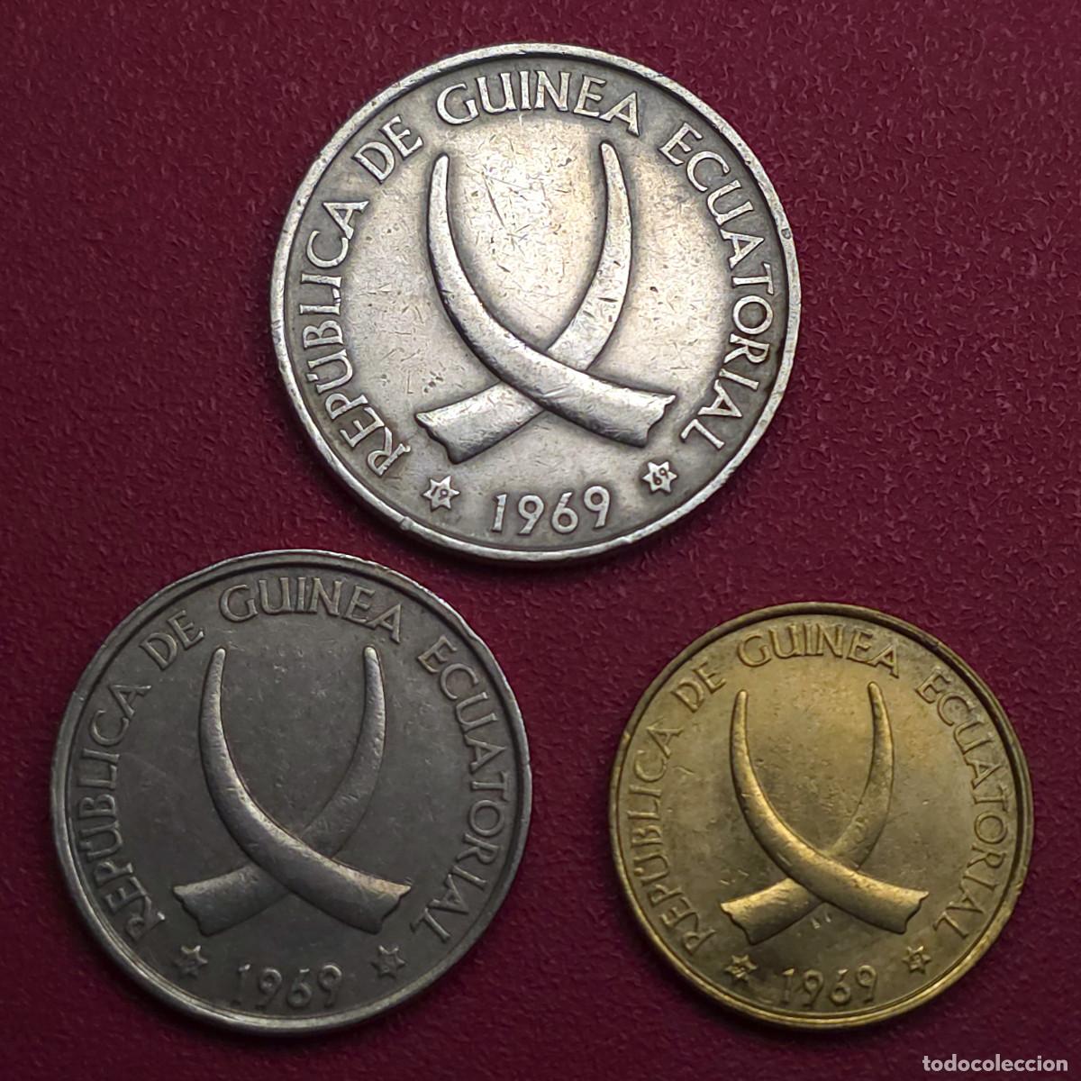 Monedas antiguas de &Aacute;frica: LOTE 3 MONEDAS GUINEA ECUATORIAL 1969 *19-69* 1, 5 y 25 PESETAS