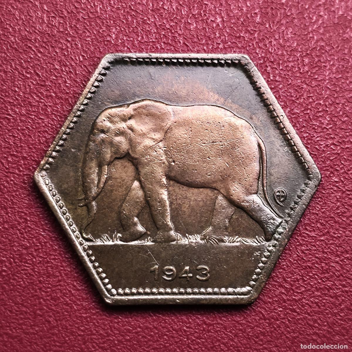 Monedas antiguas de &Aacute;frica: MONEDA CONGO BELGA 2 FRANCOS 1943 ELEFANTE