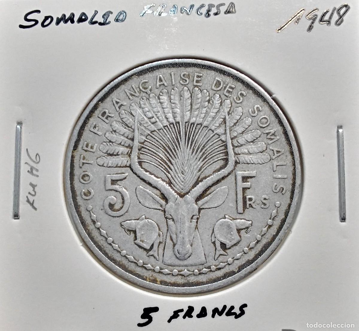 Monedas antiguas de &Aacute;frica: SOMALIA FRANCESA 5 FRANCOS / FRANCS 1948 KM#6 MBC.