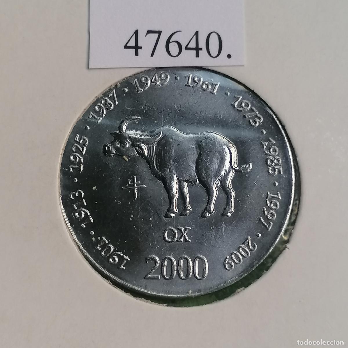 Monedas antiguas de &Aacute;frica: Somalia 10 shillings 2000, hor&oacute;scopo chino, buey, b&uacute;falo, scellini, chelines