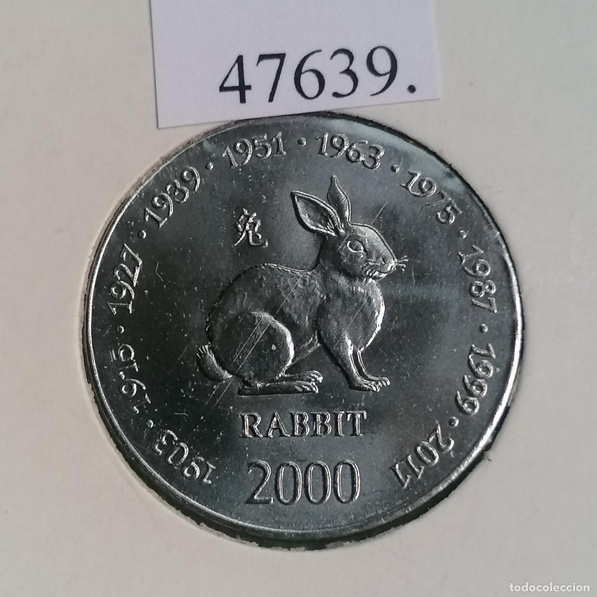 Monedas antiguas de &Aacute;frica: Somalia 10 shillings 2000, hor&oacute;scopo chino, conejo, scellini, chelines