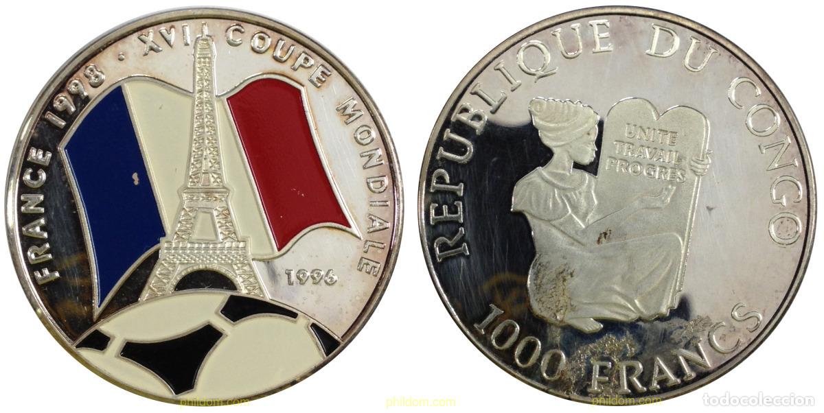 Alte M&uuml;nzen aus Afrika: 1276 CONGO. Rep&uacute;blica democr&aacute;tica 1997 CONGO 1000 FRANCS 1997 SOCCER