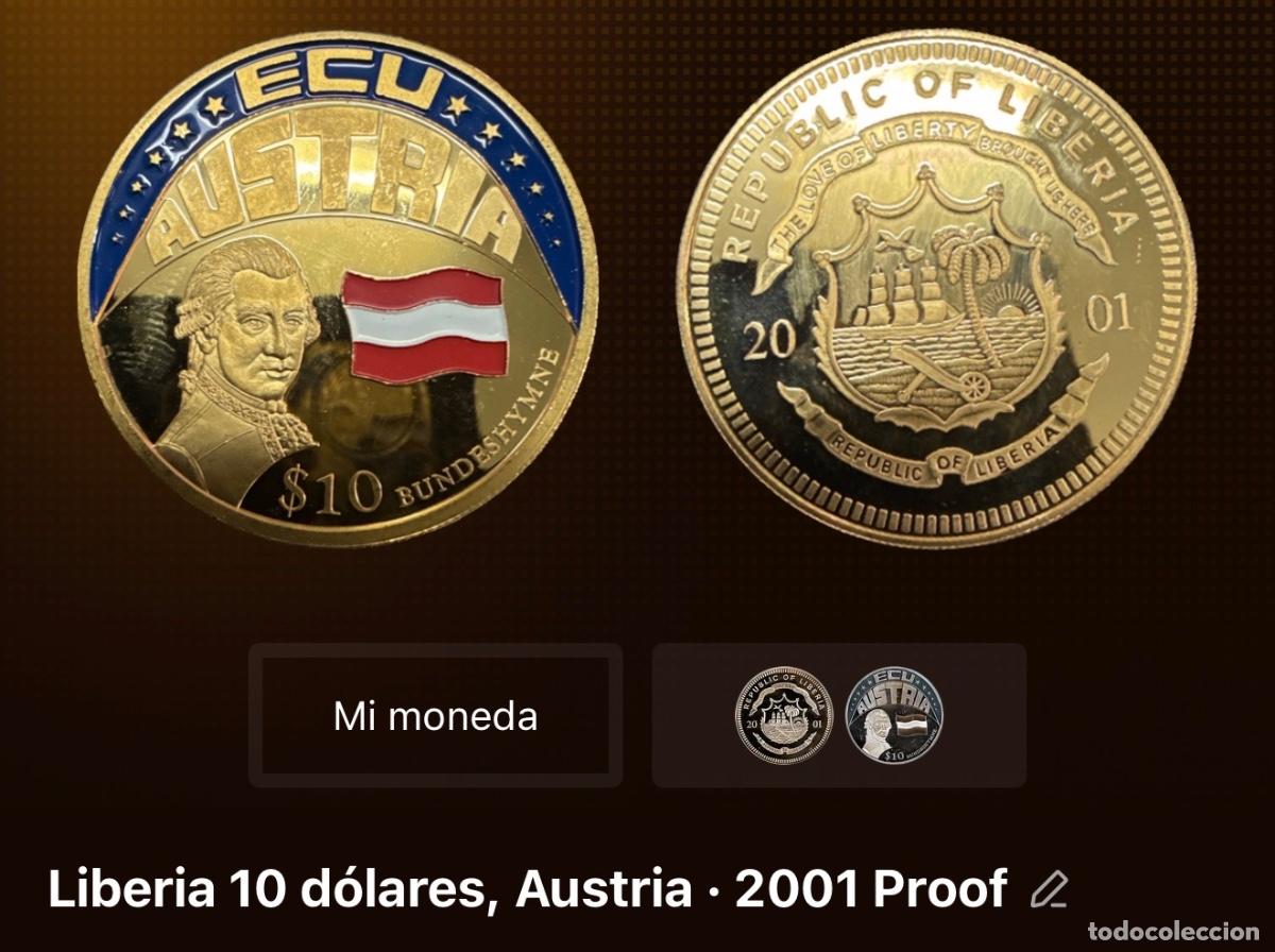 Monedas antiguas de &Aacute;frica: Moneda Proof 10 D&oacute;lares Liberia 2001 &ndash; ECU Austria &ndash; Conmemorativa Coleccionismo &ndash; Estado Impecable