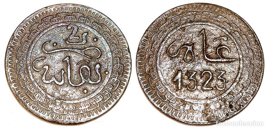 Old Coins of Africa: MARRUECOS - 2 MAZUMAS - AH1323/1905AD - BRONCE - ABD AL-AZIZ