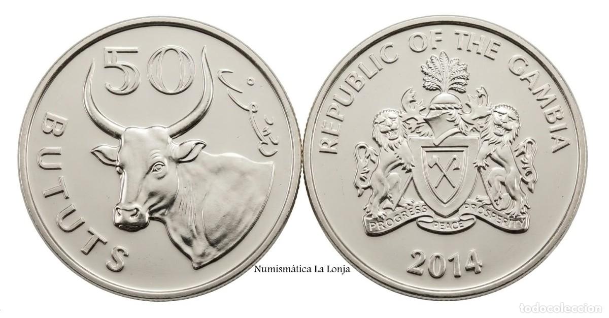Monedas antiguas de &Aacute;frica: Gambia 50 Bututs Buey 2014 Km 58 Sc Unc
