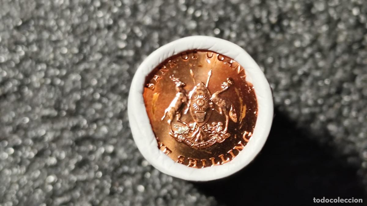Monedas antiguas de &Aacute;frica: Uganda &ndash; Cartucho original con 20 monedas de 1 Chel&iacute;n 1987, UNC &ndash; Rollos de f&aacute;brica &ndash; Lote 2532