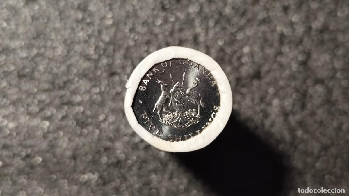 Old Coins of Africa: Uganda &ndash; Cartucho original con 20 monedas de 5 Chel&iacute;n 1987, UNC &ndash; Rollos de f&aacute;brica &ndash; Lote 2556
