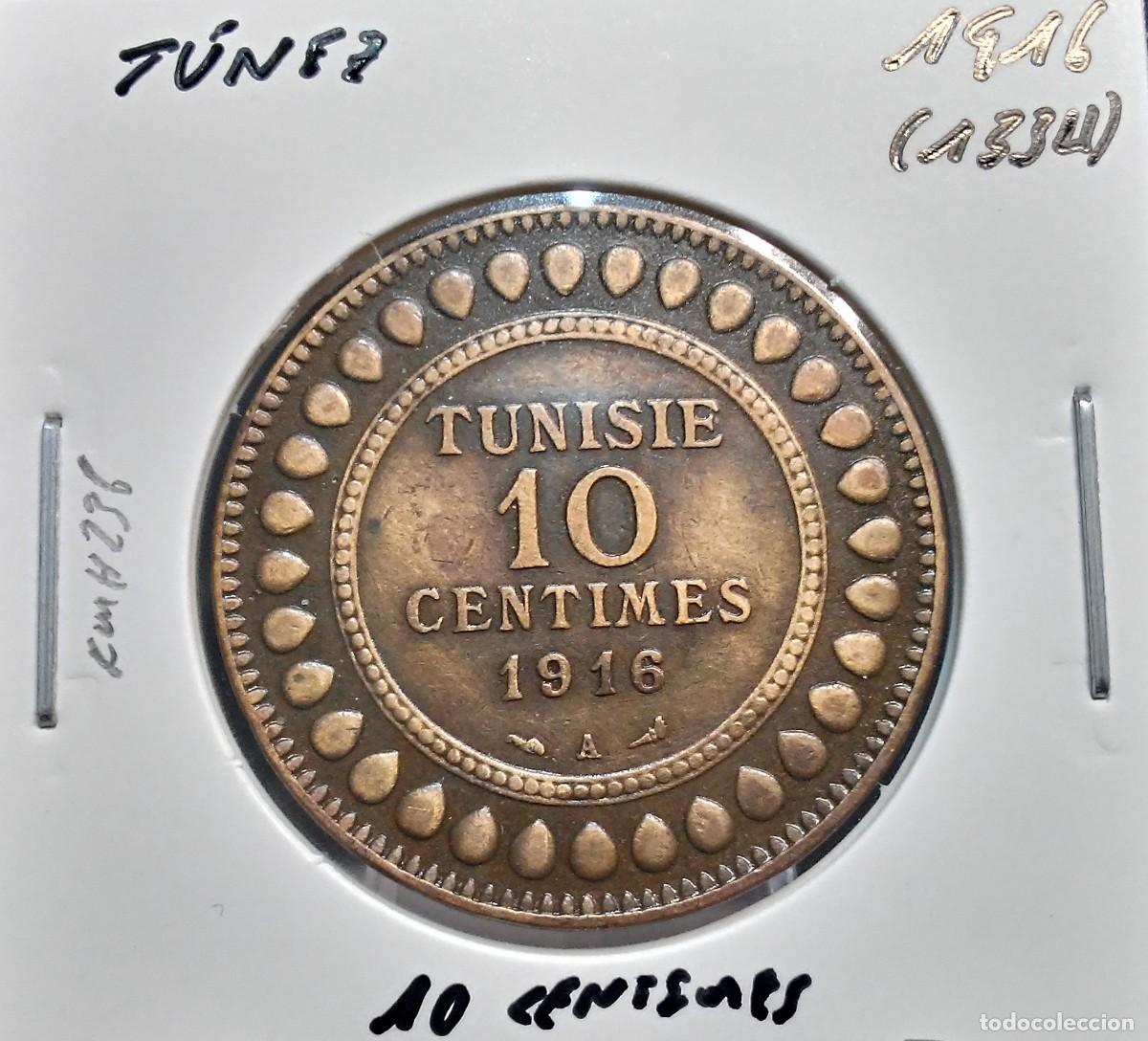 Monedas antiguas de &Aacute;frica: T&Uacute;NEZ / TUNISIE 10 C&Eacute;NTIMOS / CENTIMES 1916 (1334) KM#236 MBC+.