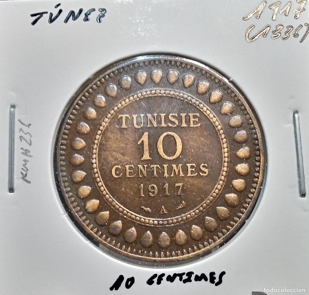 Monedas antiguas de &Aacute;frica: T&Uacute;NEZ / TUNISIE 10 C&Eacute;NTIMOS / CENTIMES 1917 (1336) KM#236 MBC+.