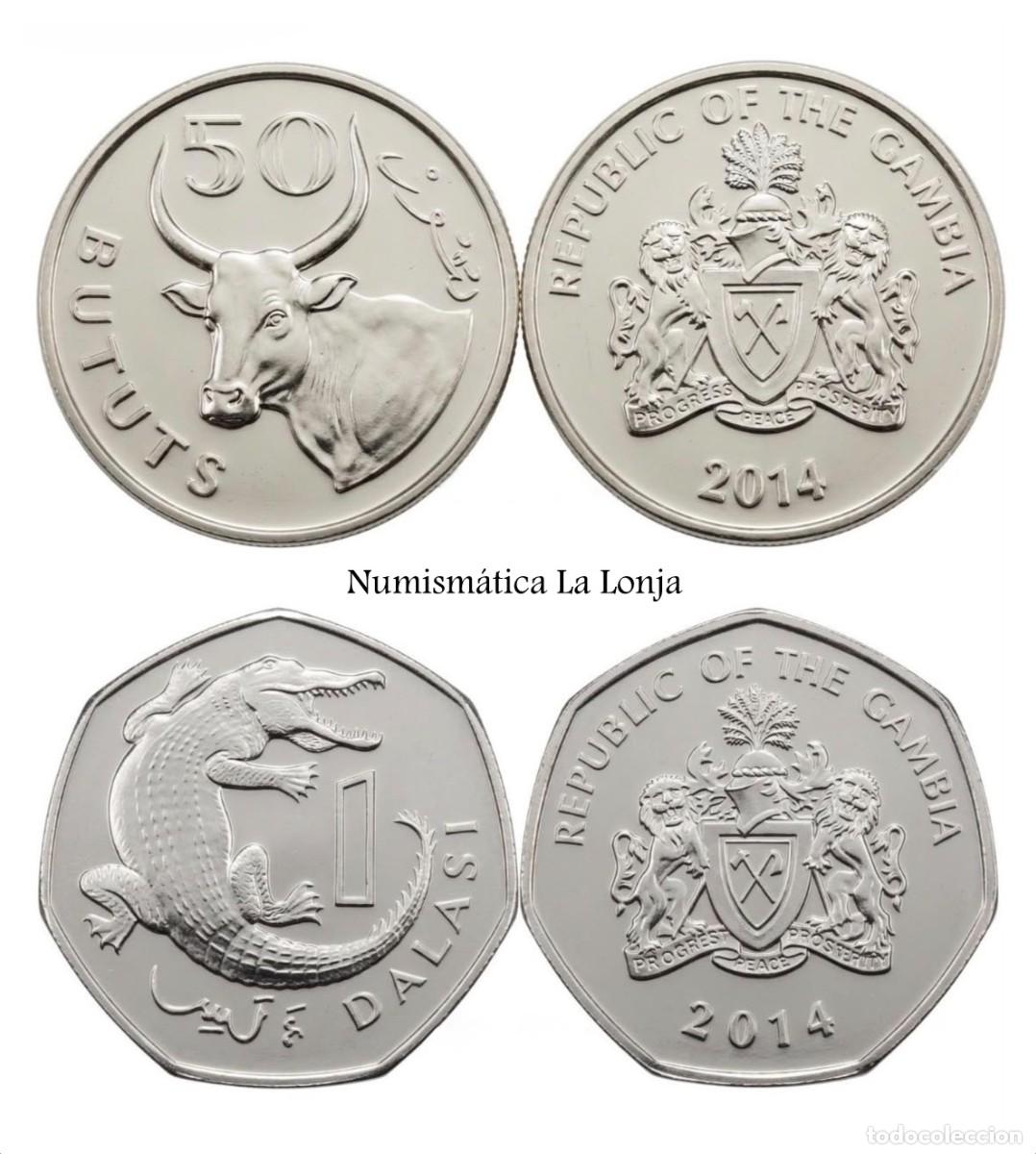Monedas antiguas de &Aacute;frica: Gambia Set 2 monedas 50 Bututs 1 Dalasi 2014 Km 58 59 Sc Unc
