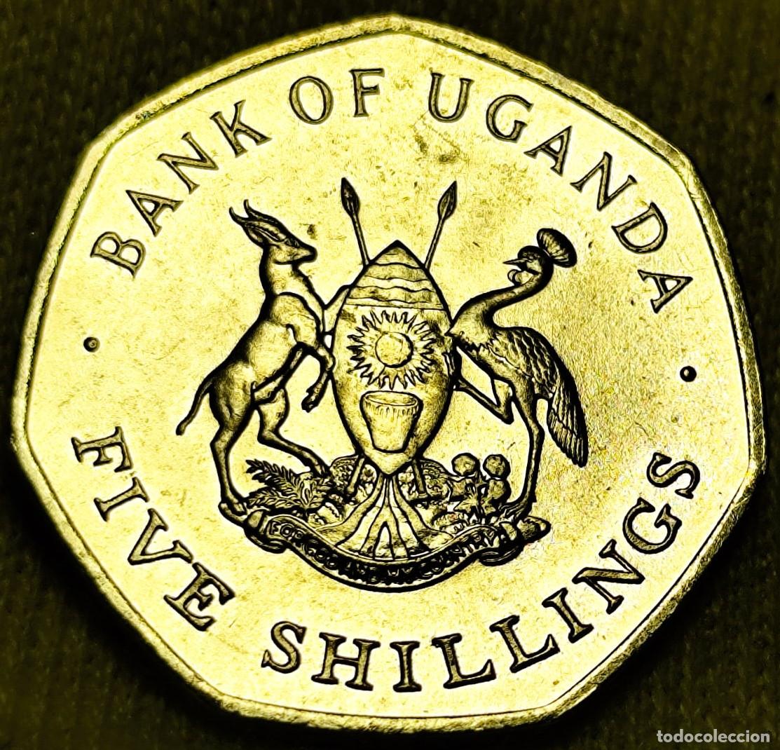 Monedas antiguas de &Aacute;frica: Uganda &ndash; 5 Chel&iacute;n 1987, UNC &ndash; Lote 2558