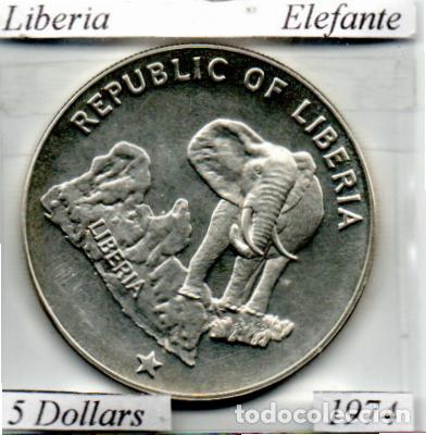 Monedas antiguas de &Aacute;frica: LIBERIA 1974, 5 DOLLARS, ELEFANTE, KM-29, AG, 34,1 GR,900. 1000, SC, 2 FOTOS