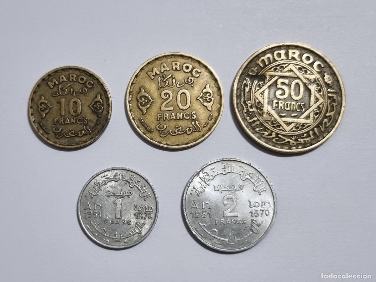 Monedas antiguas de &Aacute;frica: Lote Antigua Moneda Marruecos 50 20 10 2 1 Francos 1950 - 1951 Coleccionista