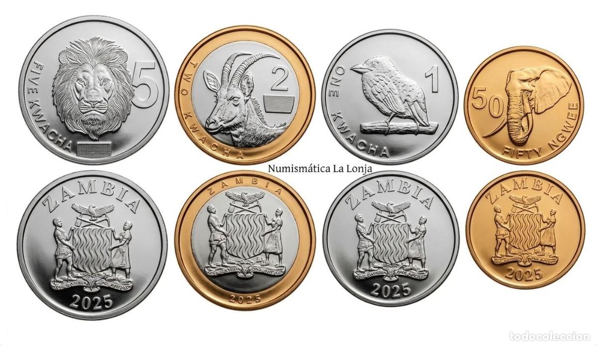 Monedas antiguas de &Aacute;frica: Zambia Set 4 monedas 50 Ngwee 1 2 5 Kwacha 2025 (2026) Km Nuevo Sc Unc