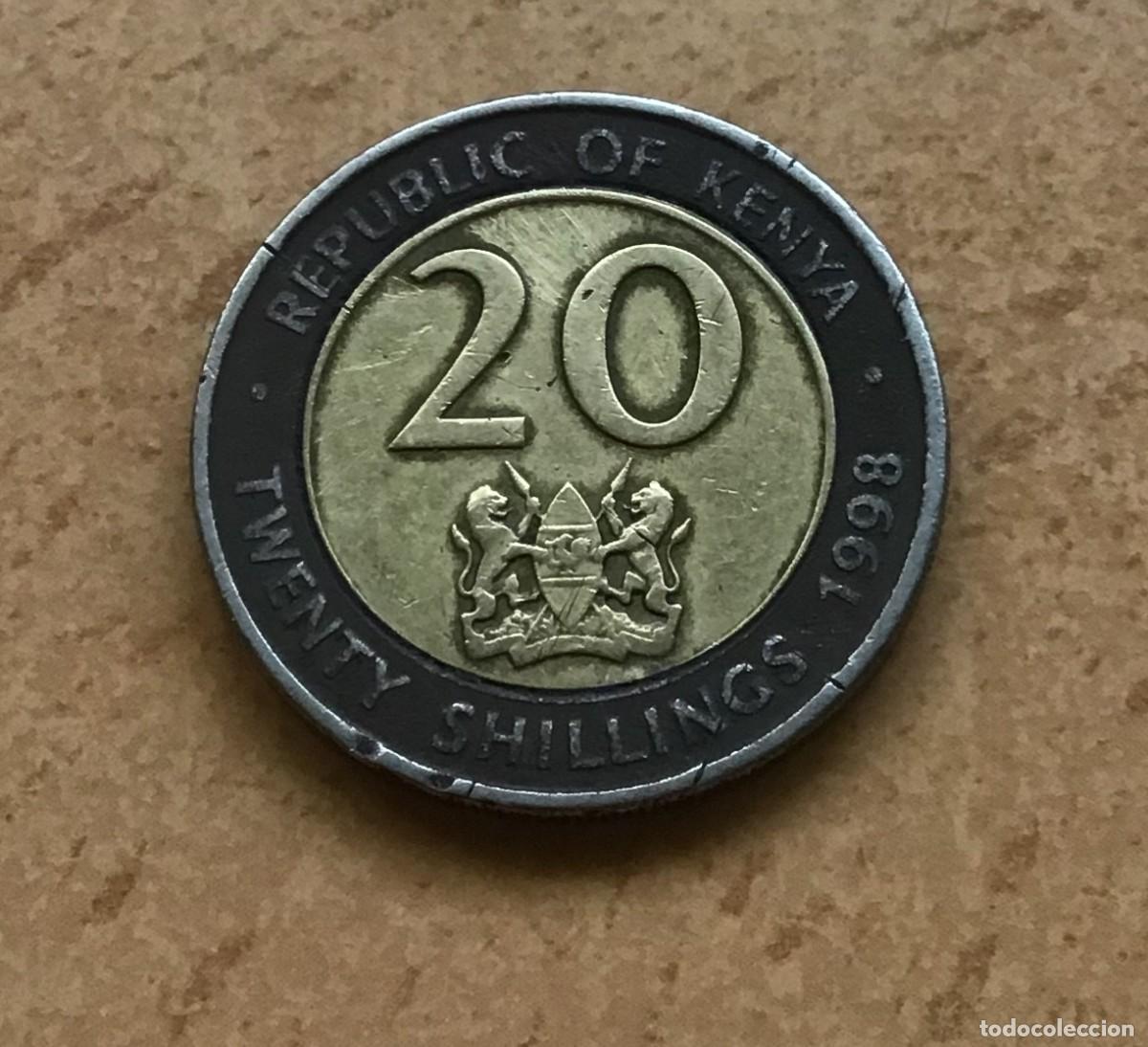 Monedas antiguas de &Aacute;frica: 20 chelines de Kenia. A&ntilde;o 1998