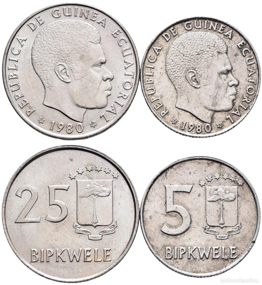Monedas antiguas de &Aacute;frica: *** LOTE DE RAROS 5 Y 25 BIPKWELE 1980 *19-80. GUINEA ECUATORIAL. KM#51/52 ***