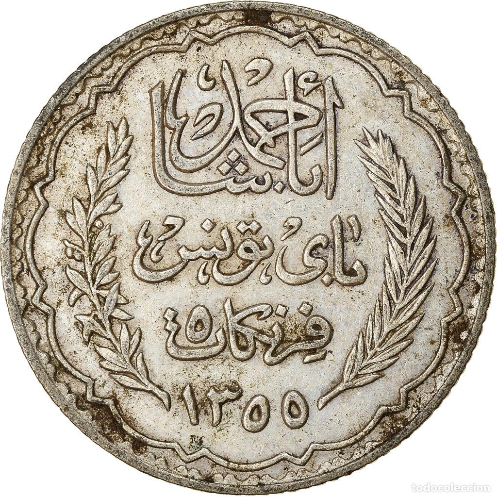 Monedas antiguas de &Aacute;frica: [#765450] Moneda, T&uacute;nez, Ahmad Pasha Bey, 5 Francs, 1936, Paris, MBC, Plata, KM:261