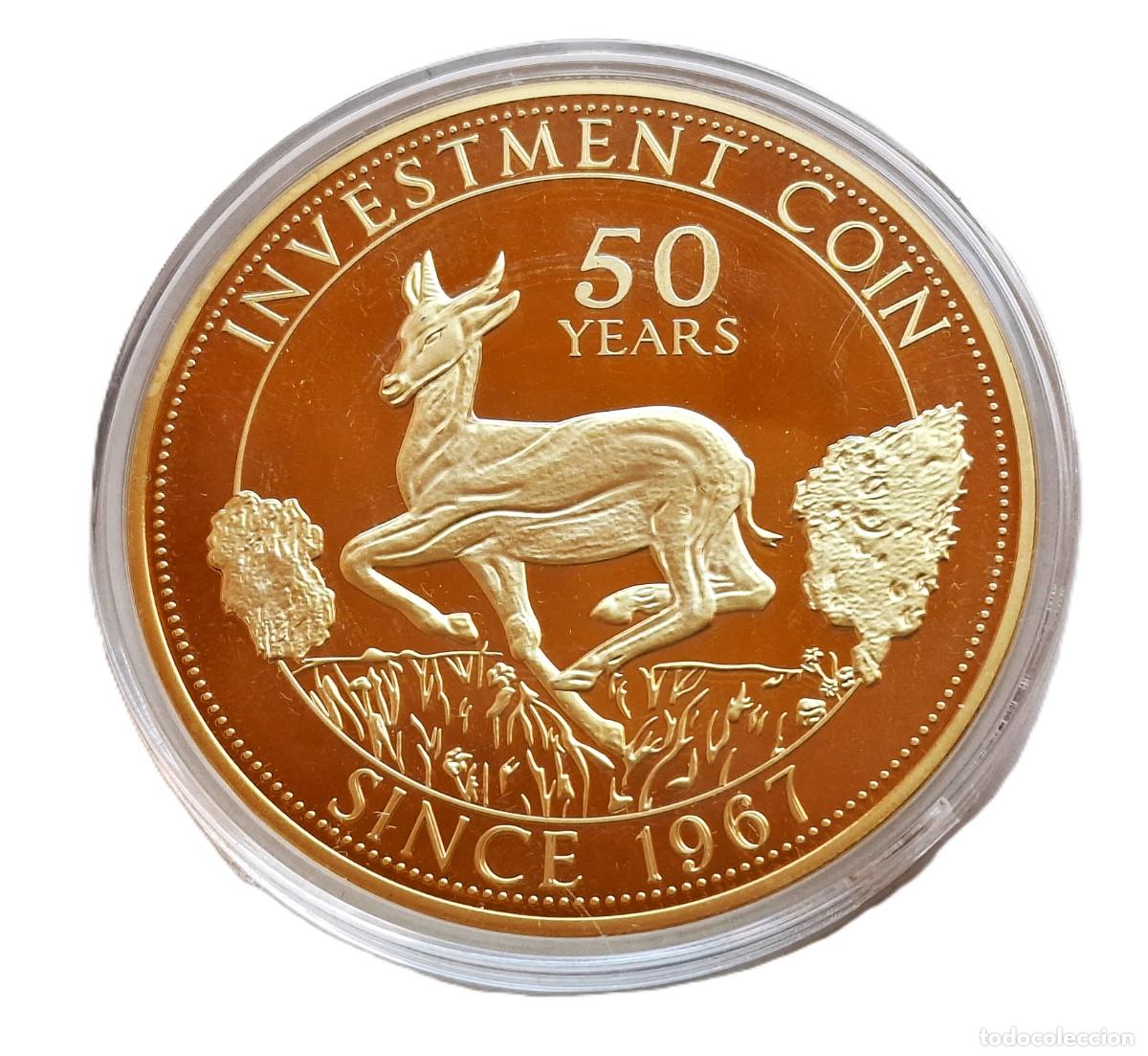 Alte M&uuml;nzen aus Afrika: GIGANTE MONEDA DE CONGO 50 FRANCS CONMEMORATIVA 50 A&Ntilde;OS ORO BA&Ntilde;O + CERTIFICADO - 7.CM DIAMETRO