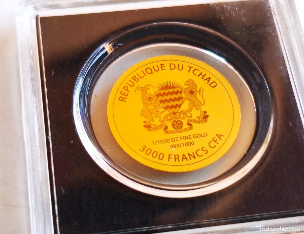 Alte M&uuml;nzen aus Afrika: 1/1000 OZ GOLD 999/1000 - TCHAD 3000 FRANCS CFA - MONEDA ORO DE 16.MM DIAMETRO EN CAPSULA