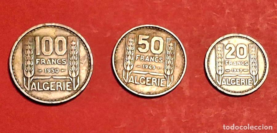 Monedas antiguas de &Aacute;frica: 1949 y 1950, 3 monedas de 100, 50 y 20 francos de Argelia