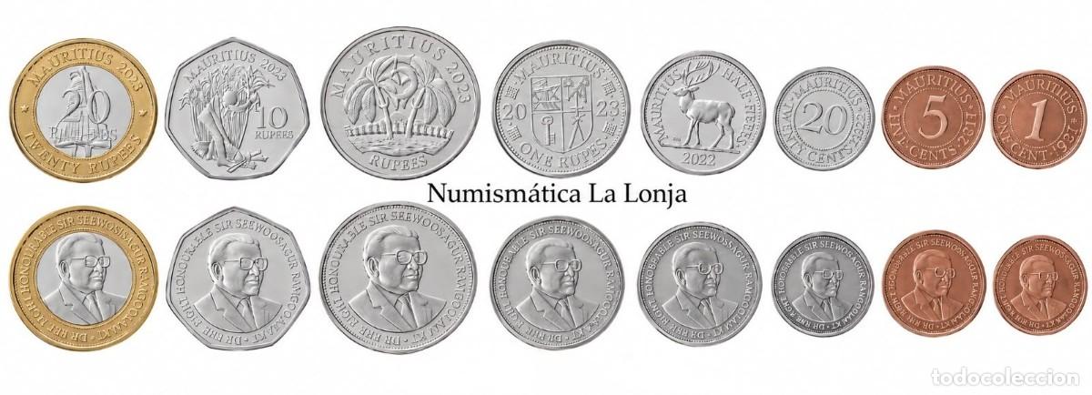 Old Coins of Africa: Mauricio Set completo 8 monedas 1 5 20 Cents 1/2 1 5 10 20 Rupees 1987-2025 Km 51-73 Sc Unc