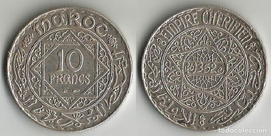Monedas antiguas de &Aacute;frica: MARRUECOS - 10 FRANCOS - 1933 - PLATA - NO CIRCULADA - REF: Y#38