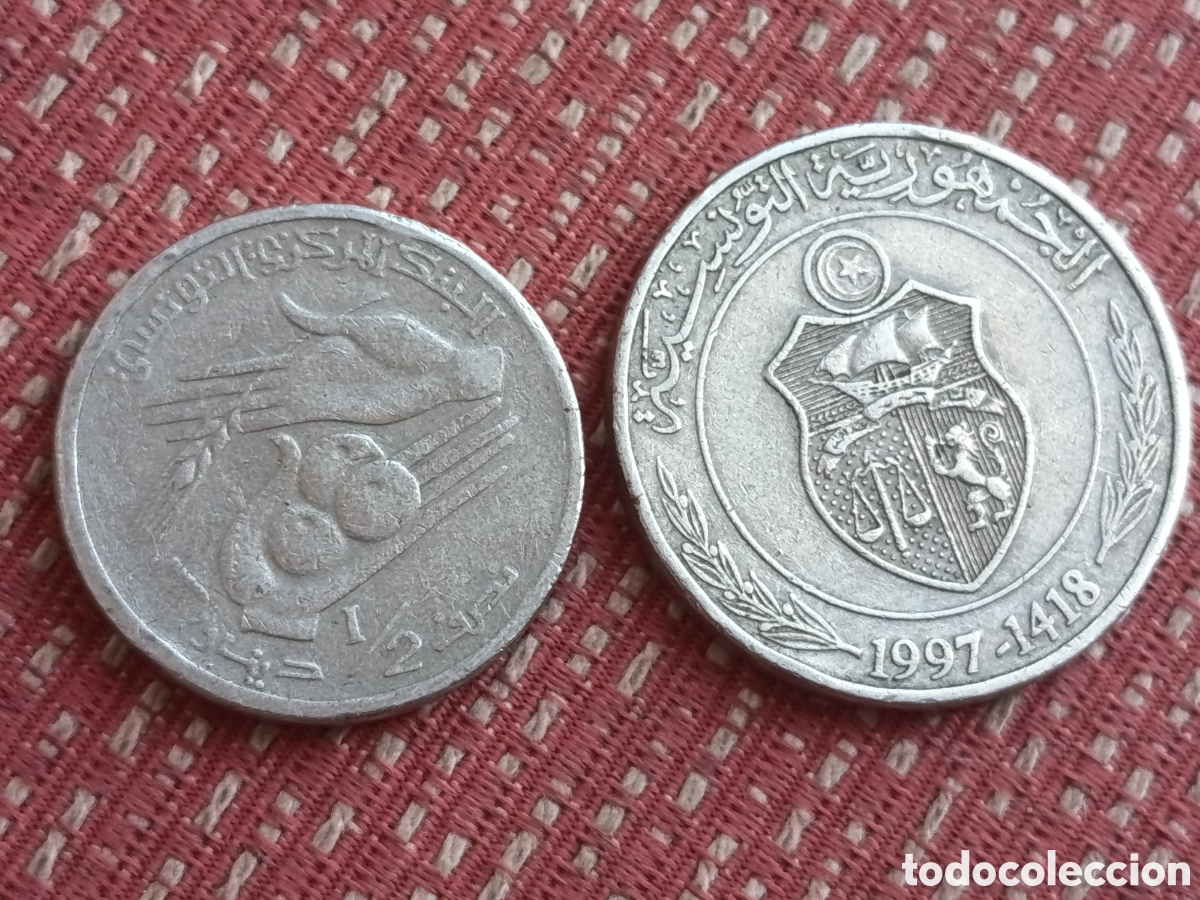 Monedas antiguas de &Aacute;frica: T&uacute;nez 1 Dinar y 1/2 Dinar 1997 Circulados