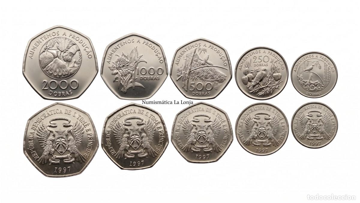 Monnaies anciennes d'Afrique: Santo Tom&eacute; y Pr&iacute;ncipe Set 5 monedas 100 250 500 1000 2000 Dobras 1997 Km 87-91 Sc Unc