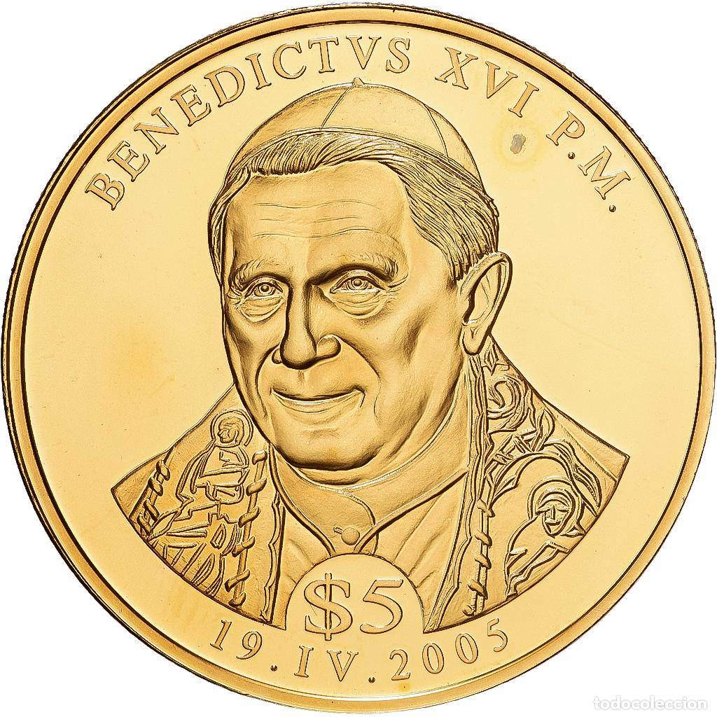 Monedas antiguas de &Aacute;frica: [#1215707] Liberia, 5 Dollars, Pape Benoit XVI, 2005, Cobre - n&iacute;quel dorado, FDC