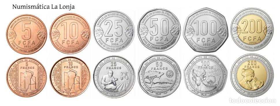 Monnaies anciennes d'Afrique: Estados de &Aacute;frica Central Set 6 monedas 5 10 25 50 100 200 Francos CFA 2024 Km Nuevo Sc Unc