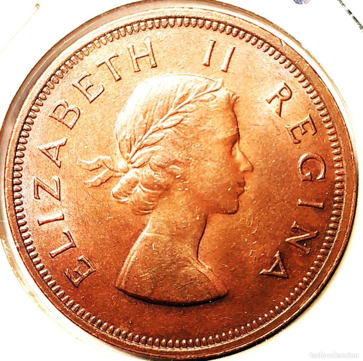 Monedas antiguas de &Aacute;frica: SUDAFRICA (1953-1960) - 1 PENIQUE 1956 - REINA ISABEL II - BARCO VELERO - A - 9,30 GR. BRONCE