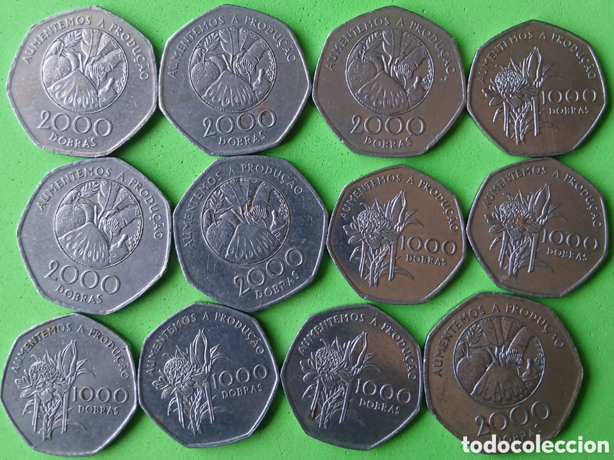 Monedas antiguas de &Aacute;frica: Santo Tom&eacute; y Pr&iacute;ncipe lote 12 monedas de 2000 y 1000 dobras. Km#90,91.