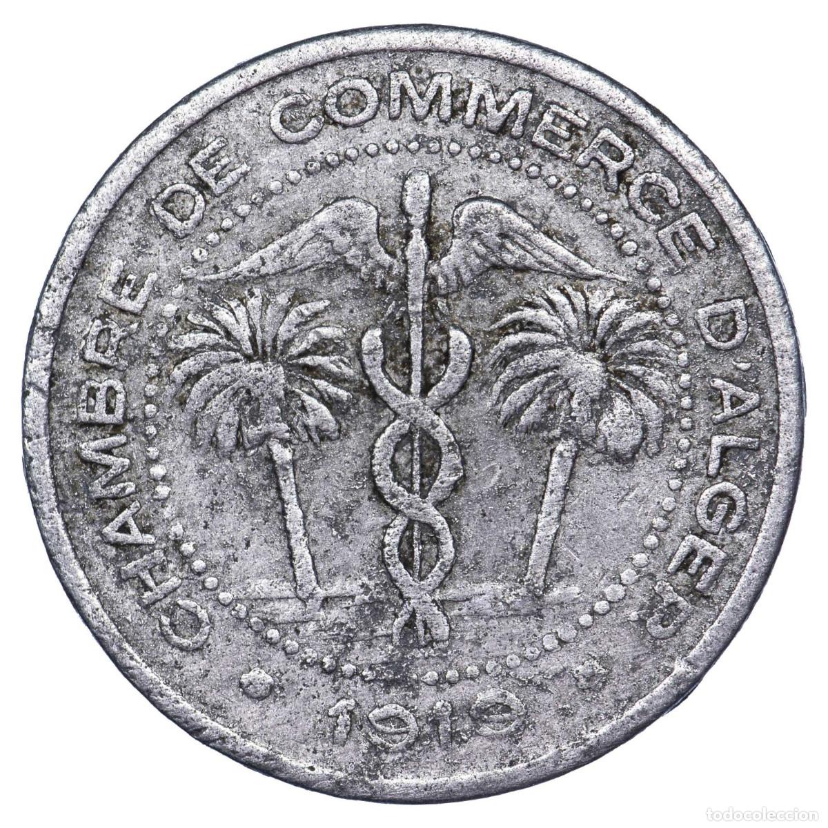 Monedas antiguas de &Aacute;frica: Alg&eacute;rie jeton de n&eacute;cessit&eacute; 5 centimes 1919 Chambre de Commerce Alger Aluminium