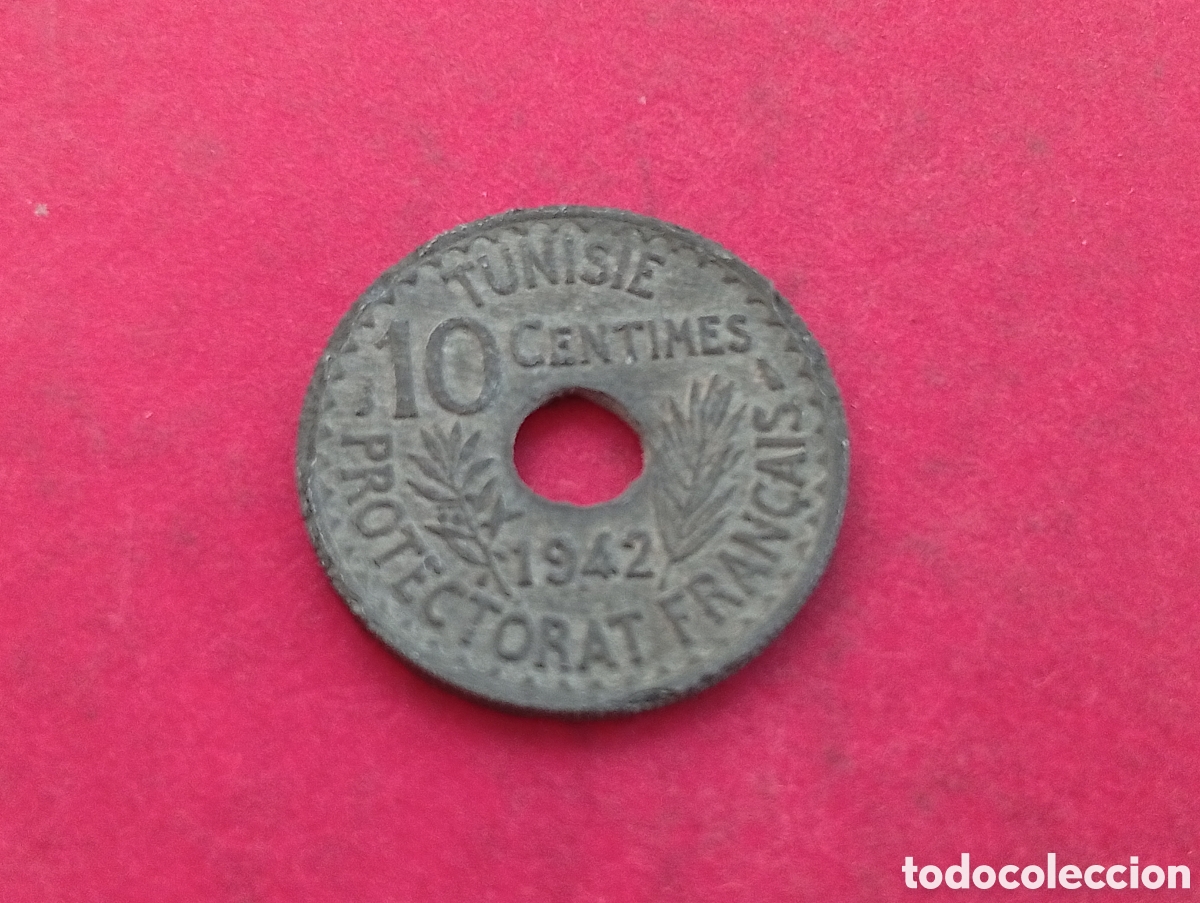 Monedas antiguas de &Aacute;frica: 10 centimes de T&uacute;nez 1942