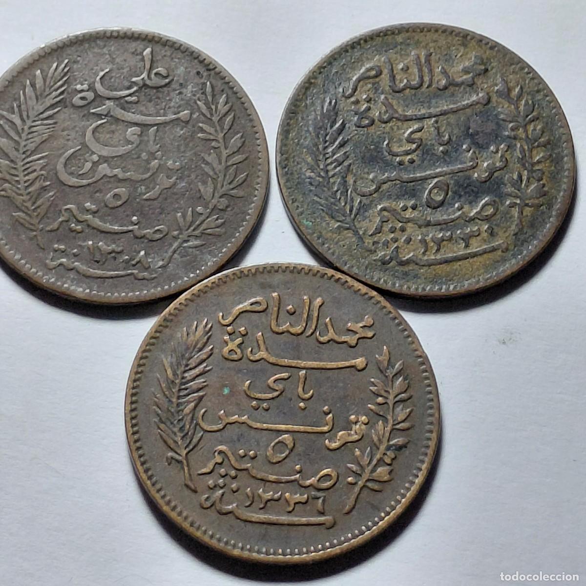 Monedas antiguas de &Aacute;frica: TUNEZ - LOTE 3 monedas 5 centimes 1891 - 1912 - 1917