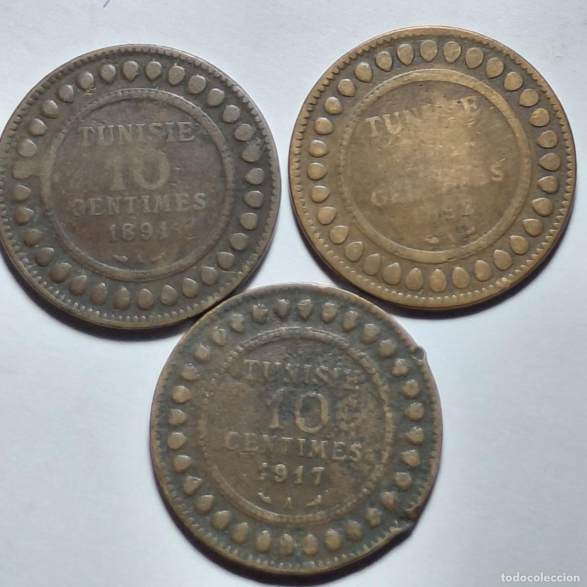 Monedas antiguas de &Aacute;frica: TUNEZ - LOTE 3 monedas 10 centimes 1891 - 1892 - 1917
