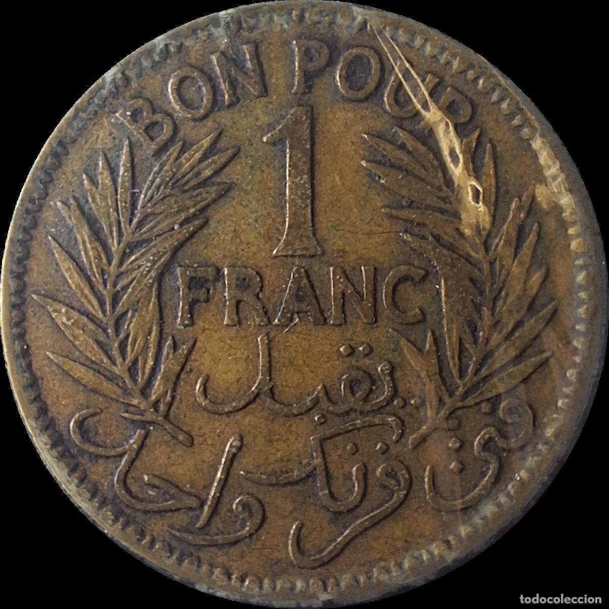 Moedas antigas de &Aacute;frica: Colonias. T&uacute;nez franc&eacute;s. 1 moneda