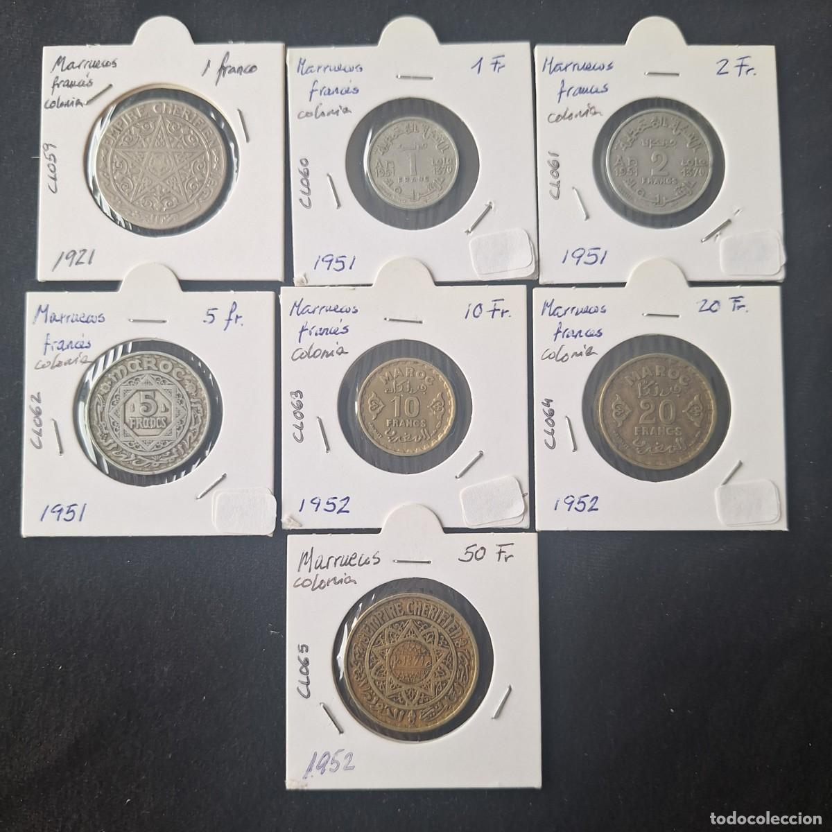 Alte M&uuml;nzen aus Afrika: Colonias. Marruecos franc&eacute;s. 7 monedas