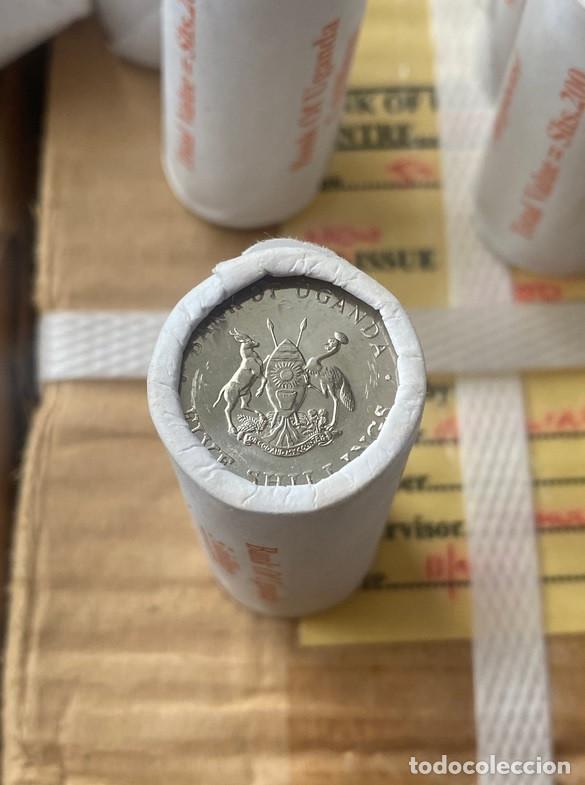 Alte M&uuml;nzen aus Afrika: Uganda &ndash; Cartucho original con 20 monedas de 5 Chel&iacute;n 1987, UNC &ndash; Rollos de f&aacute;brica &ndash; Lote 2556