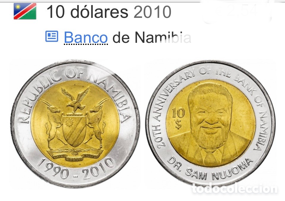 Monedas antiguas de &Aacute;frica: Namibia 2010 10 Dolares Banco Central - Foto 1