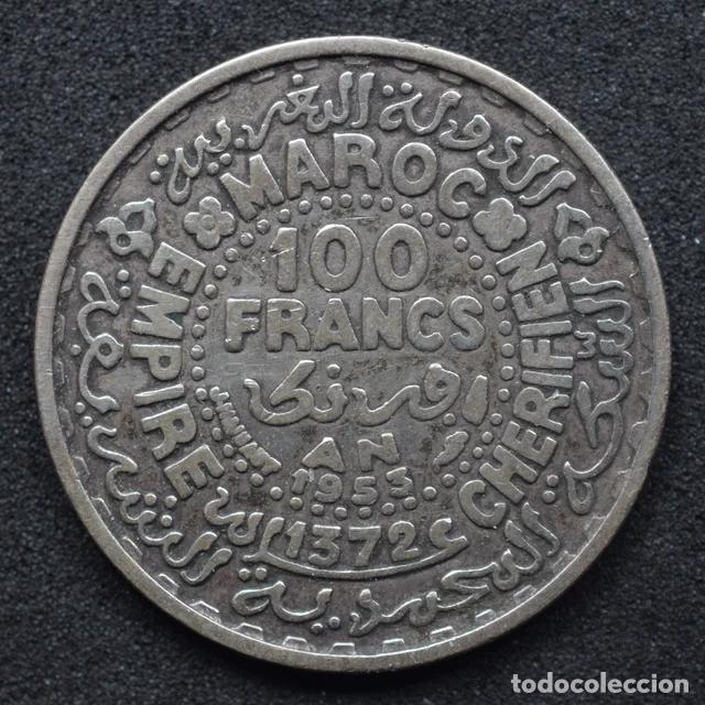 Monedas antiguas de &Aacute;frica: 1953 - 100 Francos PLATA - Marruecos